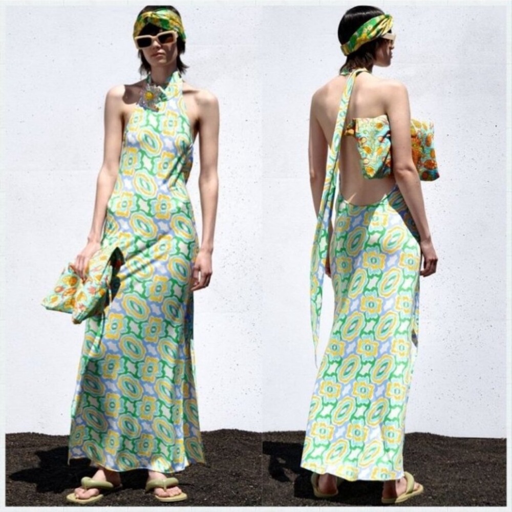 Viral ZARA Halter Maxi Dress Open Back Retro Geometric Print Green Yellow Sz L